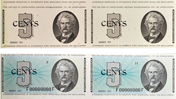  The collection includes progressive proofs from different stages of the printing process, as with these Series 701 5-cent military payment certificates depicting Mark Twain. Image courtesy of Stack’s Bowers Galleries.