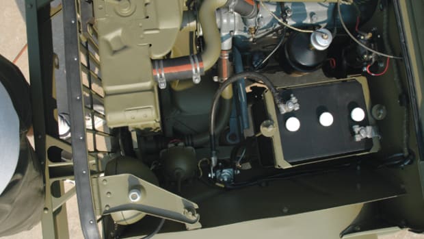 Overhead view of a WWII Jeep engine bay.