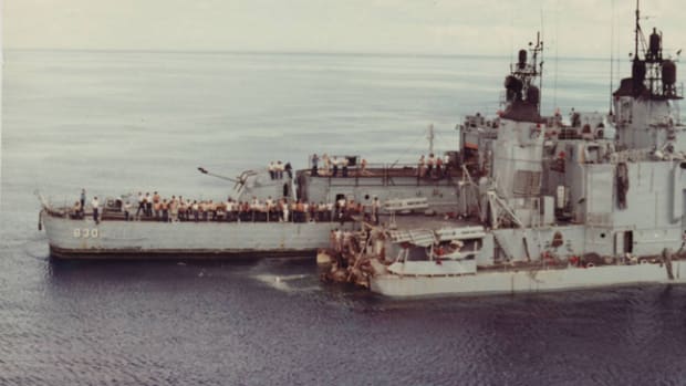 The USS Frank E. Evans stern section alongside the USS Larson