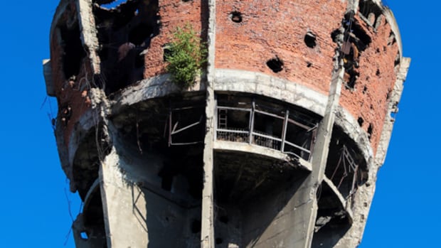 Water Tower in Vukovar, Croatia. During the Battle of Vukovar in 1991, the Water Tower was one of the most frequent targets of artillery and hit more than 600 times.