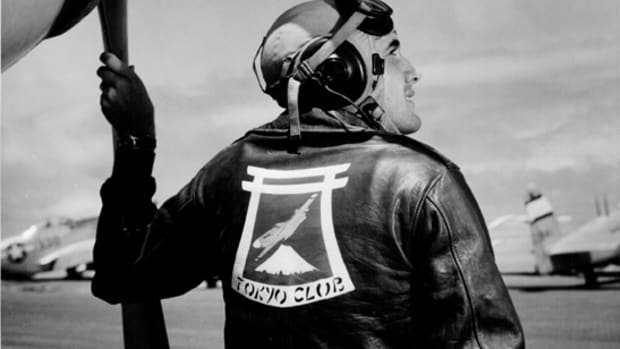 First Lieutenant William F. Savidge, Jr., of Tamaqua, Pennsylvania, proudly wearing his A-2 jacket with the club’s insignia painted on the back. The emblem features a Mustang flying over Fujiyama —Japan’s iconic mountain, and framed by a Shinto design. Where do you suppose his jacket is today?