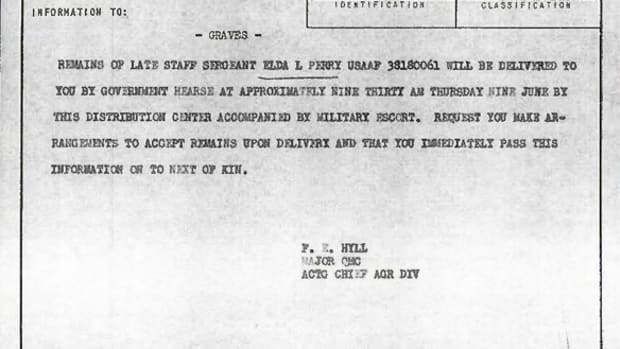 Extract from Individual Deceased Personnel File (IDPF) for Staff Sergeant Elda L Perry of the 392nd Bomb Group researched by historian Bill Beigel. The file contains copies of primary documents that discuss the return of personal effects, circumstances and causes of death, and memorialisation of the fallen airman.