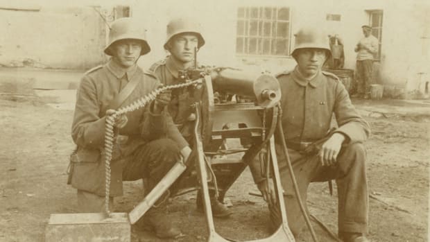  A three-man crew at the ready of their MG 08. Members of the MG-Scharfschuetzen (machine gun sharpshooters) who mastered their training were awarded a proficiency badge, first authorized in January, 1916.