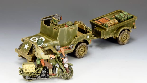 King and Country's scale model WWII Jeep and Harley-Davidson motorcycle