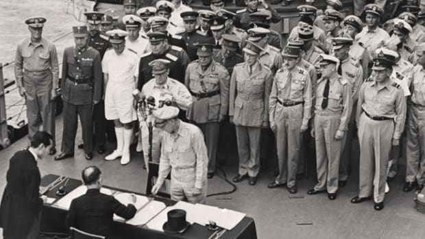 Japan’s Foreign Minister, Mamoru Shigemitsu, signed the unconditional surrender papers for Emperor Hirohito