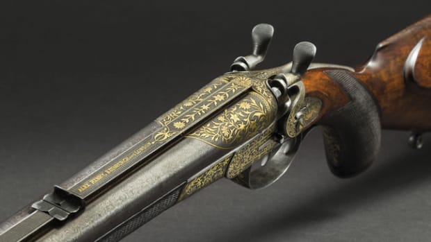  Gold-inlaid damascus top-hammer double rifle, Alexander Henry.