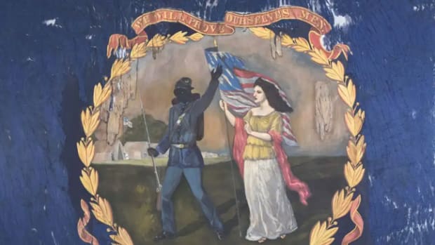  1864 battle flag carried by the ‘127th Regiment U.S. Colored Troops,’ hand-painted by African-American artist and Union troop David Bustill Bowser. Only surviving flag of those Bowser created for the 11 Pennsylvania Black regiments. Sold by Morphy Auctions for $196,800 on June 13, 2019. Morphy Auctions image
