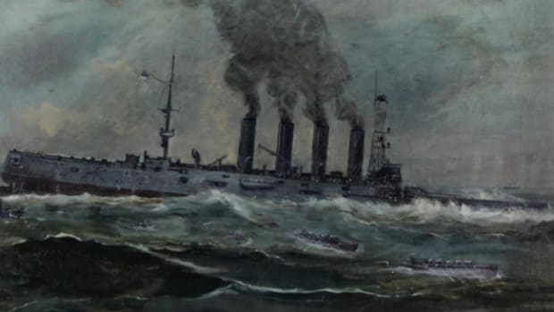  USS San Diego (Armored Cruiser No. 6). Painting by Francis Muller, 1920. It depicts the ship sinking off Fire Island, New York, after she was torpedoed by the German submarine U-156, 19 July 1918. U.S. Navy Photo of a work in the Navy Art Collection courtesy of Naval History and Heritage Command.