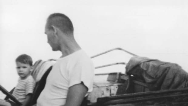  Around 1951, the Bonak family acquired GPW 186956. This photo shows Mike Bonak and his father in the Jeep around 1972.
