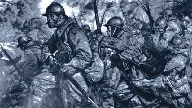Drawing by J. Simont titled, “Fighting in a crater during the Battle of Verdun, France."
