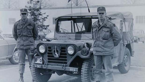 Dennis D. Dop (right) was the driver for Lieutenant Colonel (later, Major General) Pete McVey, commander of the 34d Squadron, 7th Cavalry. Dop selected this M151A2 “Mutt” in July 1974 because of the vehicle’s number: “NBC04P”. His wife was pregnant with their first child and he liked the “4P” (“for Papa”).