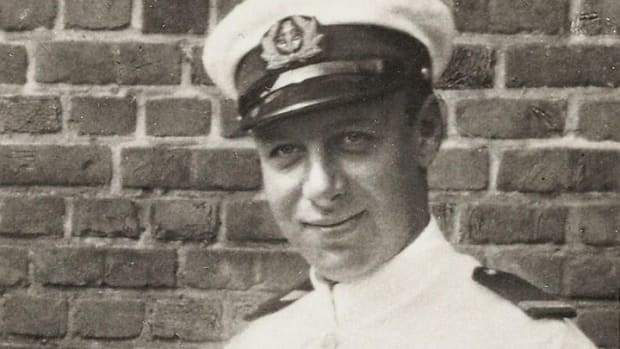 Robert Coninx in white uniform of Belgian Merchant Navy