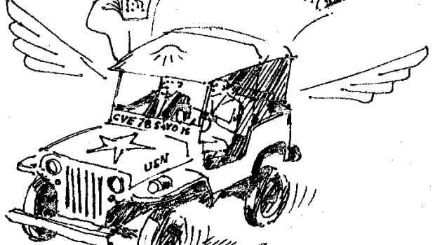 Cartoon drawing of the flying Jeep and chaplain of CVE 78