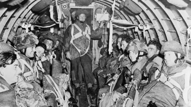 British paratroopers aboard a troop transport plane.