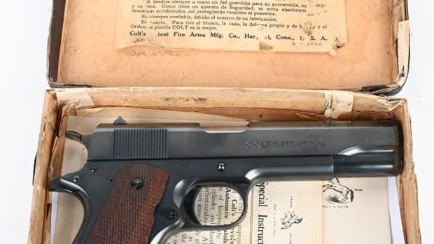 Boxed 1st-year (1929) Colt .38-caliber Super, arguably the most desirable of any firearm in Colt’s 1911 lineup. Near-mint magazine and like-new bore. Retains original instructions and ‘American Rifleman’ ad touting the new release.
