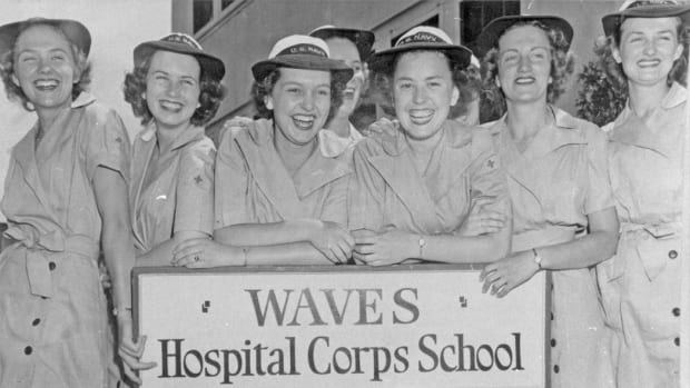 These Navy WAVES were all smiles while posing for a photo at the Hopsital Corps School during World War II.