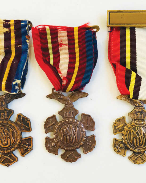 Examples of a type 3 include a slightly smaller C.M. Robbins issue (middle) with a more common Gustave Fox medal to the left and a V.H.S. maker mark for the medal on the right. 