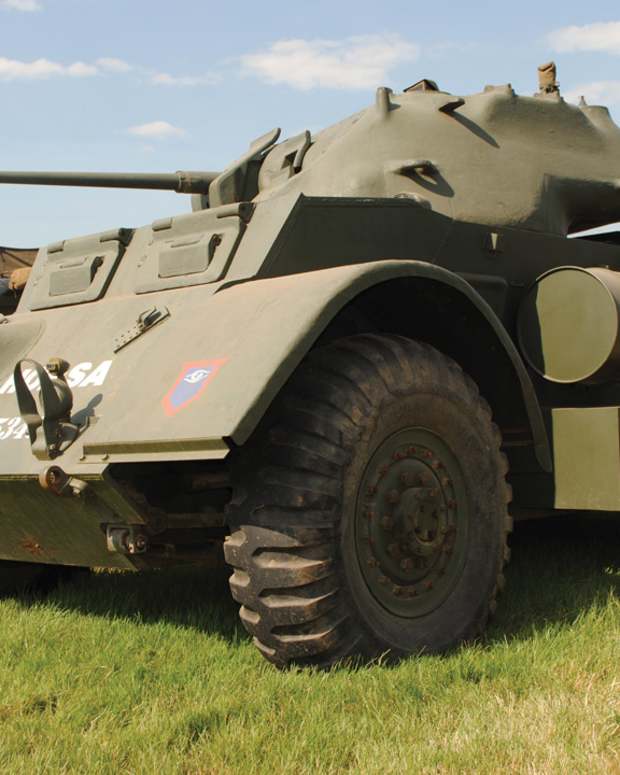 The Staghound had many features that made it a standout vehicle, including the headlight arrangement, towing  points and angle of glacis plate along with the good ground clearance. This example is shown in the markings of the Guards Armoured Division with the “ever-open eye” badge.