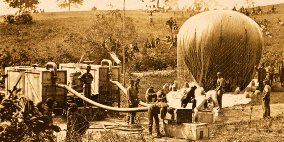 Famous photo of the Intrepid being inflated at the Gaines farm. Two of Lowe's gas generators can be seen in the left of this photo. Later captured during the Confederate advance at Gaines' Mill, generator Number 11 would be put on display in Richmond as a war trophy. Credit: Library of Congress