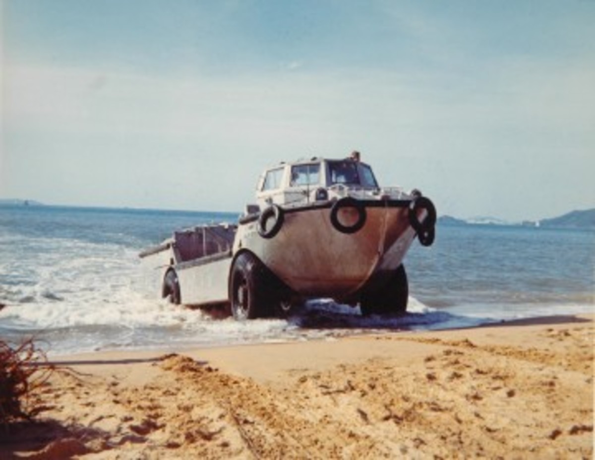 "Better" often equates to "bigger" for the military. The thirty-five foot long LARC V is a prime example of this. Designed for ship to shore transport, the LARC's (Lighter, Amphibious, Resupply, Cargo) twin 300-hp Cummins V-8 diesels moved the ten-foot wide vehicle through the water at 10 MPH, or overland at three times that speed.