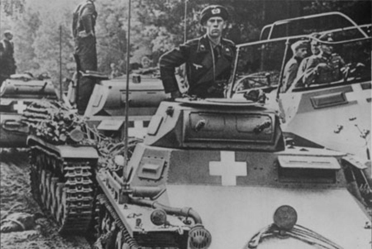 An armored column photographed during the Polish campaign. These smaller tanks (Mk. Is and Mk. IIs) made up the bulk of the Panzerkorps in the early years. The uniforms these soldiers wore changed little during the war with only the black berets being replaced by more practical soft caps.