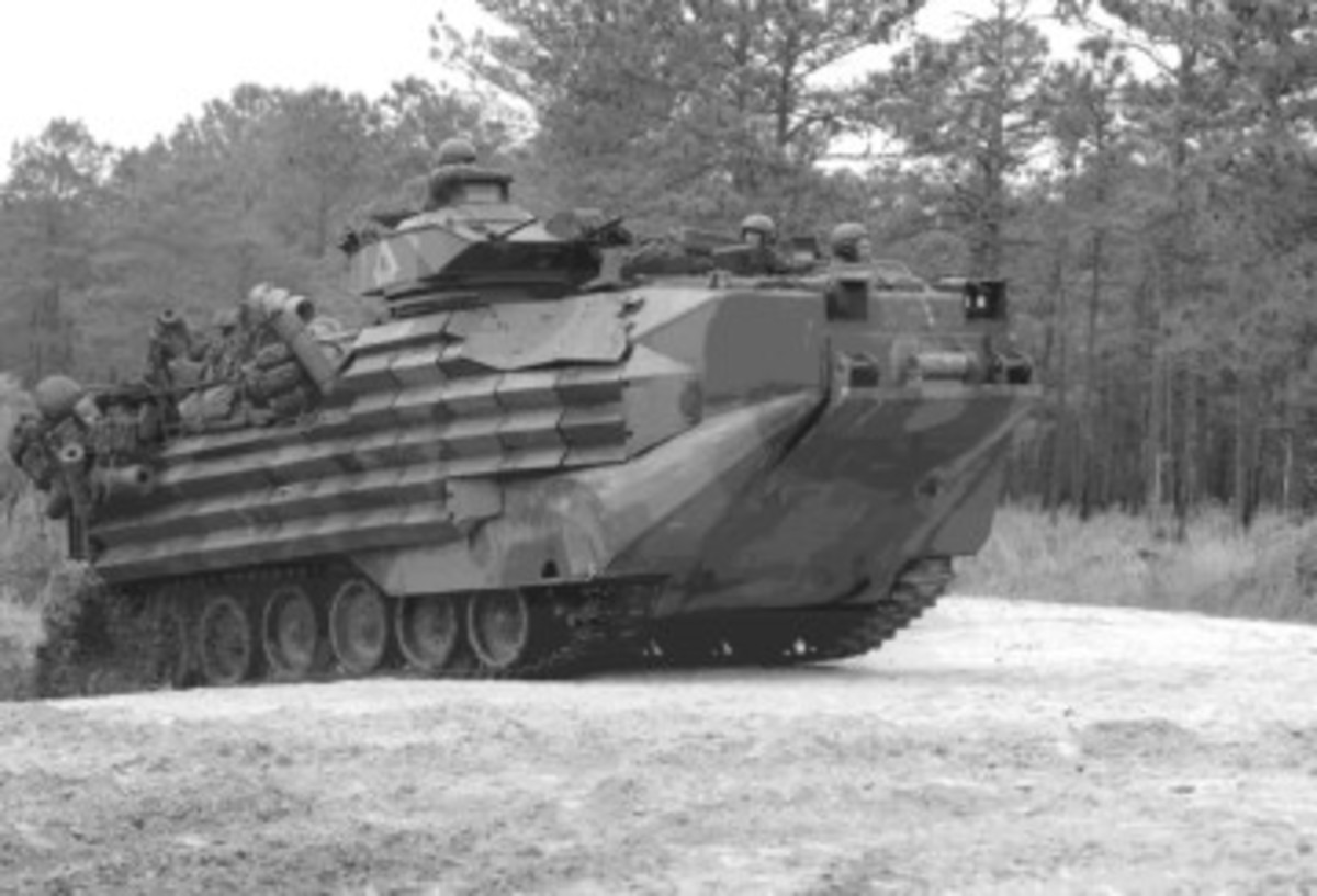 The AAVP7, originally designated LVTP7 came into being in 1967. It continues to be the primary amphibious armored assault vehicle of the Marines, and has seen extensive use in Iraq. The most recent versions are powered by a Cummins VT400 diesel engine, and are armed with a .50 caliber machine gun and a 40-mm grenade launcher.