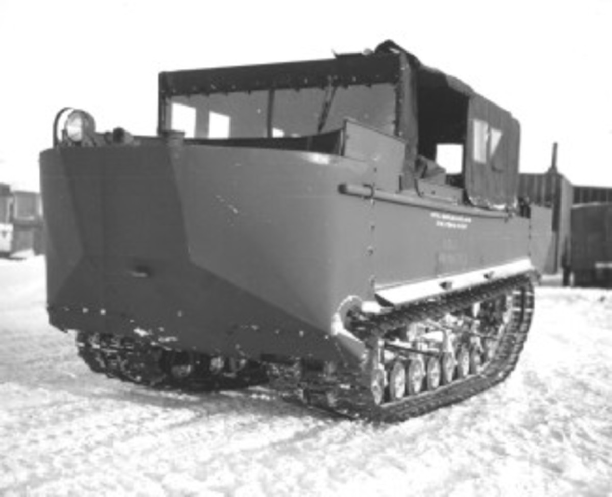 Later versions of the Studebaker Weasel, designated M29C, were made amphibious by the addition of flotation tanks at the front and rear. When in the water, rudders guided the track-propelled vehicle. Photographic evidence exists of M29Cs in U.S. military service well into the Vietnam-era. Patton Museum,