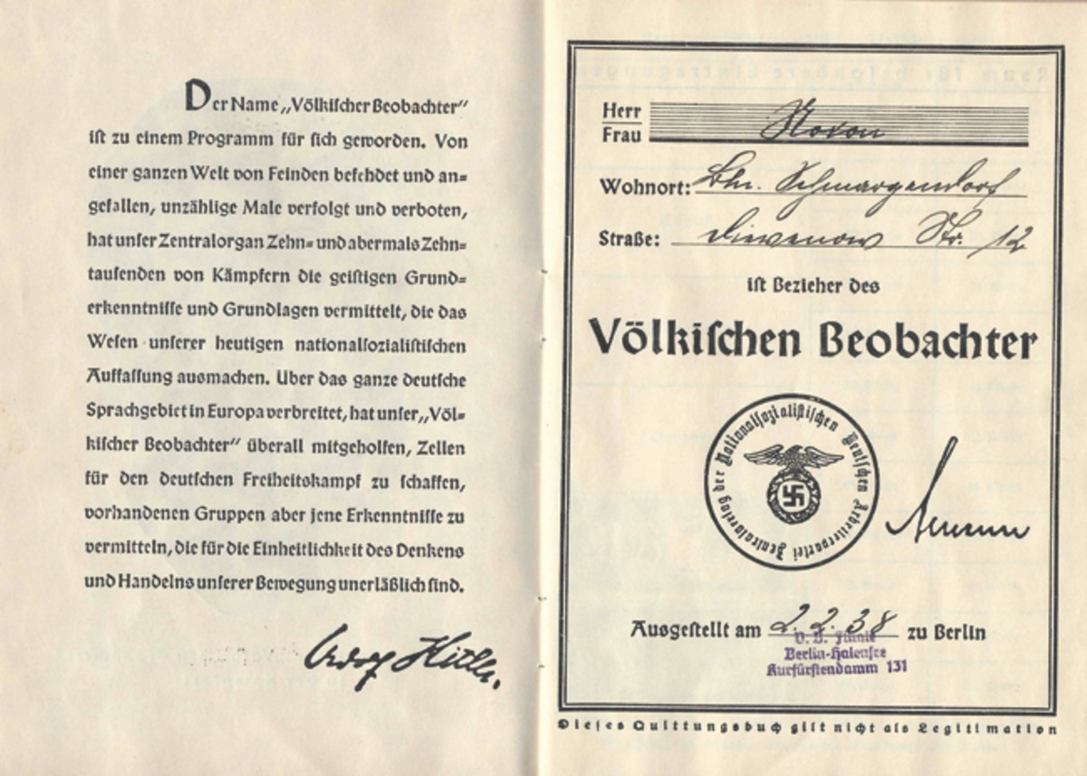 The booklet’s second page presents an inspiring comment from Adolf Hitler on the purpose and value of the Völkischer Beobachter. Page 3 bears the name and address of the subscriber, the date and place where the booklet was issued, and the preprinted signature of [Max] Amann, Managing Director of the publishing company.