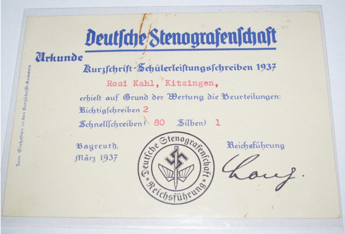 Rosi Kahl received this certificate in 1937 for quick and accurate shorthand recording.