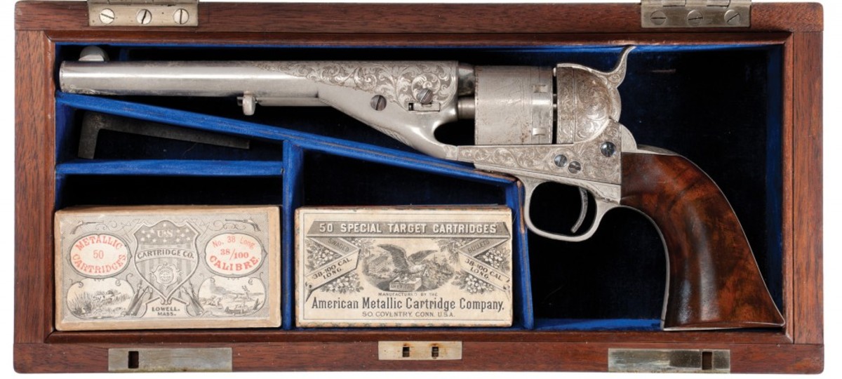 Serial Number 1 Exhibition Engraved and Cased Colt Navy Cartridge Revolver Presented by Colt to Lewis Sheldon Colt Paymaster During the Civil War. Sold for $368,000.