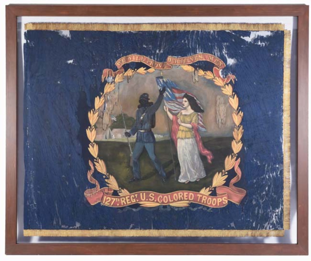  1864 battle flag carried by the ‘127th Regiment U.S. Colored Troops,’ hand-painted by African-American artist and Union troop David Bustill Bowser (1820-1890). Only surviving flag of those Bowser created for the 11 Pennsylvania Black regiments. Sold for $196,800 - Image Morphy Auctions