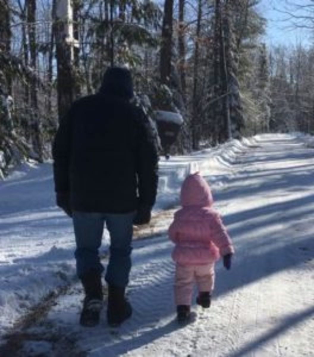 Photo taken from behind of JAG and granddaughter walking in snowy woods.