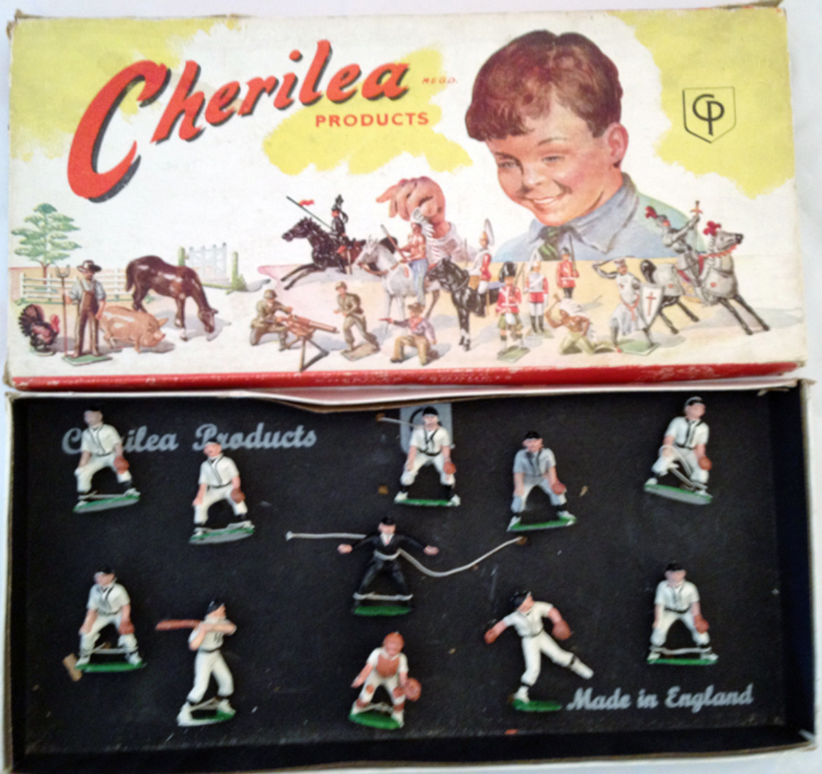 Cherilea 11-piece postwar Baseball set #B/100, figures tied in original box, $4,440. Old Toy Soldier Auctions image.