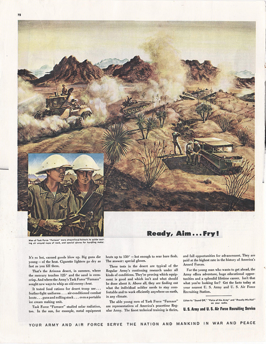 A late 1940s profile from Popular Mechanics magazine on Task Force Furnace, highlighting the U.S. military’s efforts to produce adequate equipment for use in desert conditions — including a fiber helmet that has remained all but totally forgotten by historians and collectors.