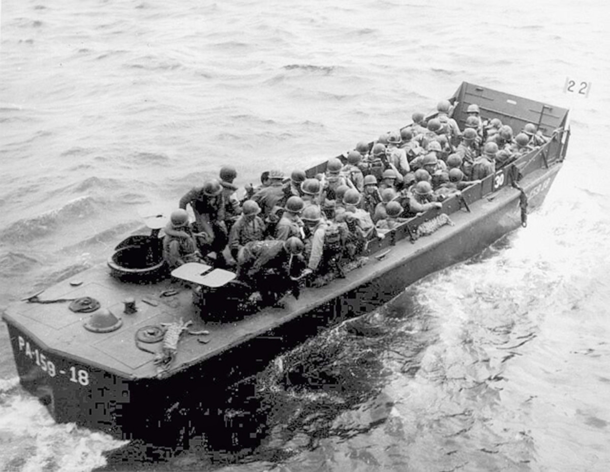 USS Darke (APA-159)'s, LCVP 18, possibly with Army troops as reinforcements at Okinawa, circa 9 to 14 April 1945.