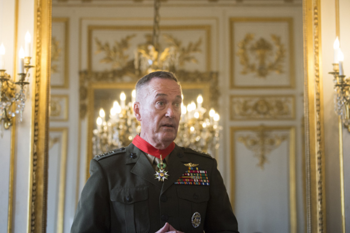  Marine Corps Gen. Joseph F. Dunford Jr., chairman of the Joint Chiefs of Staff, receives the Legion of Honor from French Gen. Pierre de Villiers, Chief of the Defense Staff in Paris, July 12, 2017. (DoD/Navy Petty Officer 2nd Class Dominique A. Pineiro)