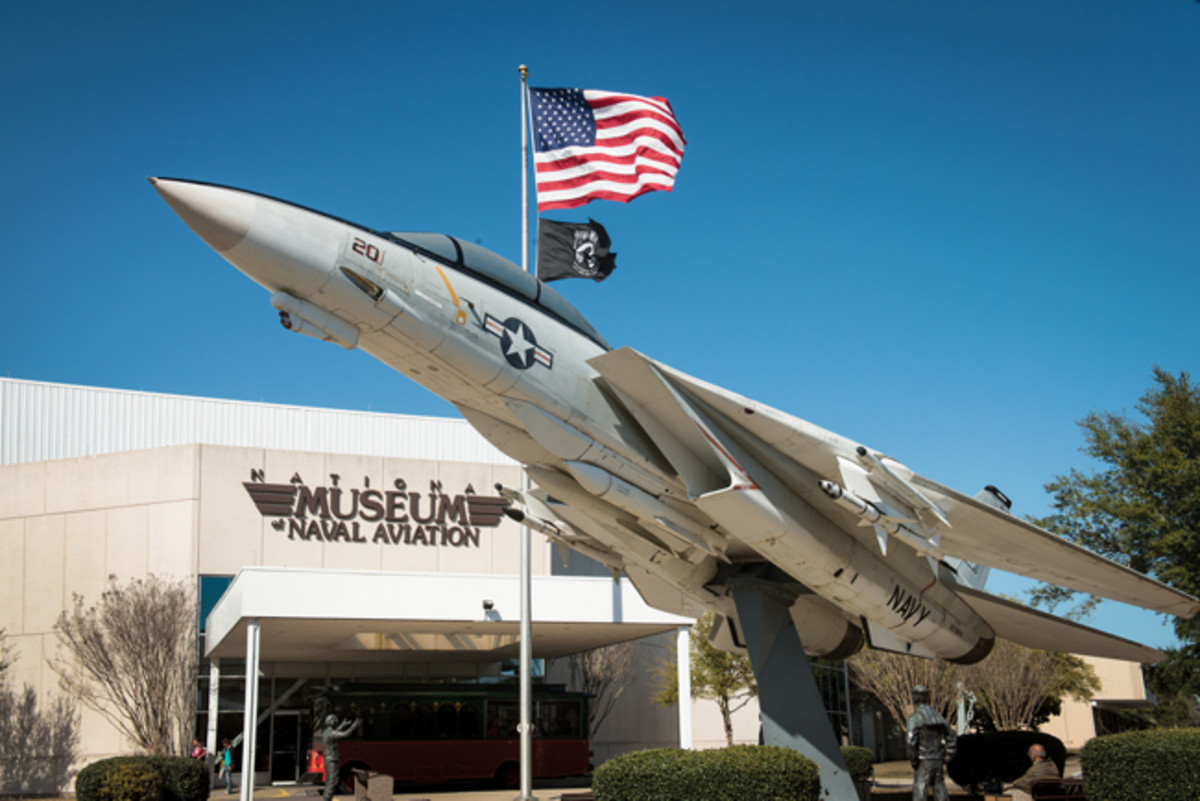  One of the prototypes of the famed F-14 Tomcat greets visitors at the entrance to the National Naval Aviation Museum. The museum also displays the last Tomcat to fly a combat mission, which came in the skies over Iraq.