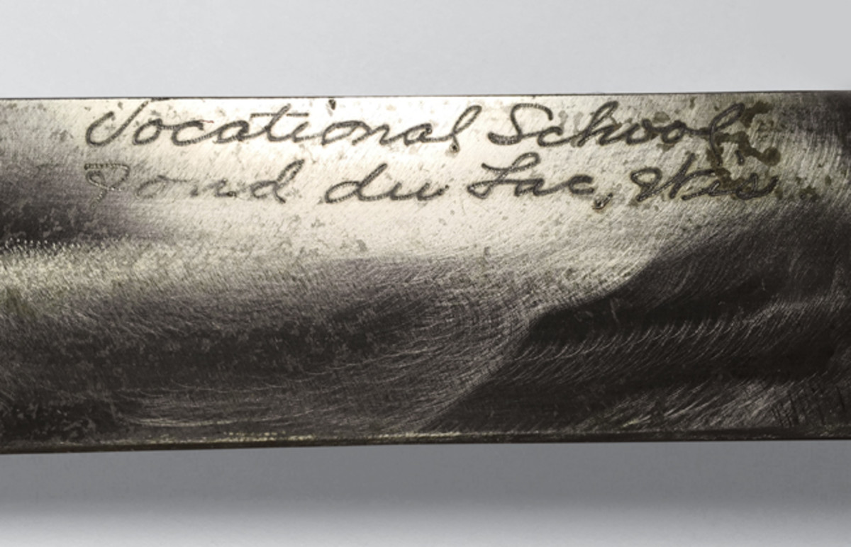 The blades from Fond du Lac were “Vibro-tool” (Electropen) hand engraving of the wording “Fond du Lac Vocational School.” The other side of the blade was engraved with the service person’s name.