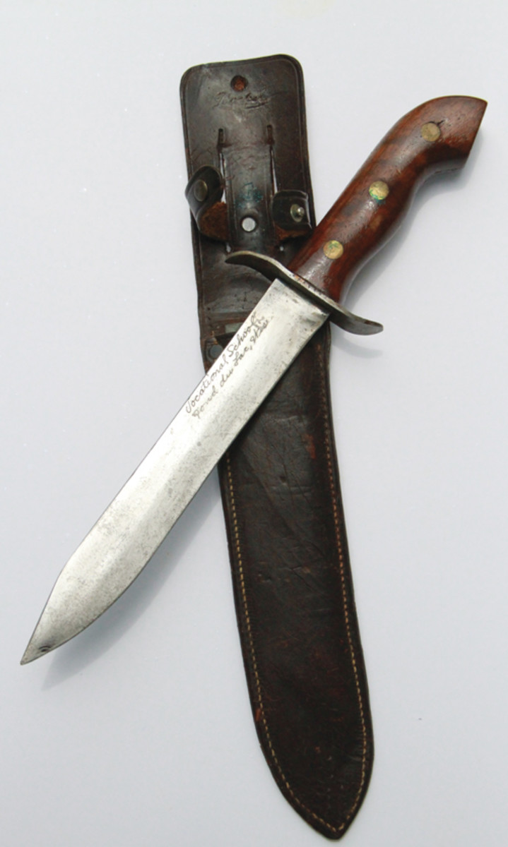 During WWII, students at Wisconsin’s vocational schools made personalized knives as part of the “Knives for Servicemen” program. The knife shown here was made at the vo-tech in Fond du Lac, Wisconsin. Becker Leather Goods Company of Fond du Lac donated the leather scabbards for the program’s knives.