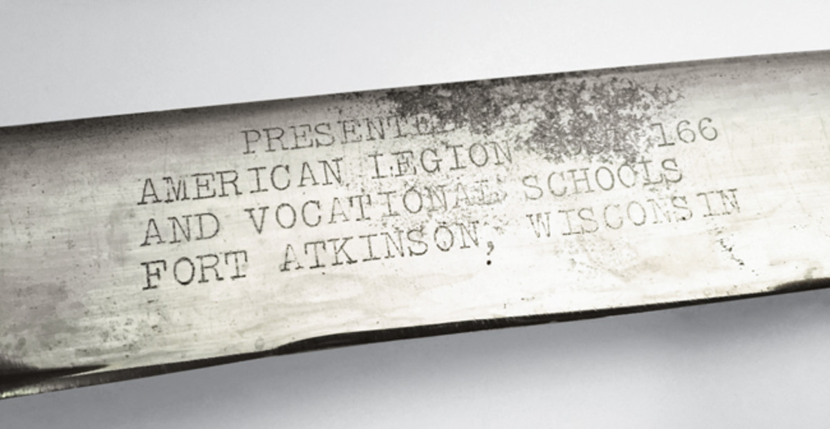 The blades from Fond du Lac were “Vibro-tool” (Electropen) hand-engraved with the wording “Fond du Lac Vocational School.” The other side of the blade was engraved with the service person’s name.