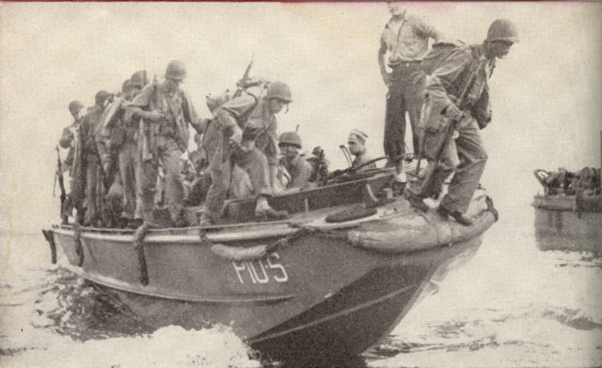 United States Marine Corps reinforcements at Guadalcanal debark from an LCP(L).