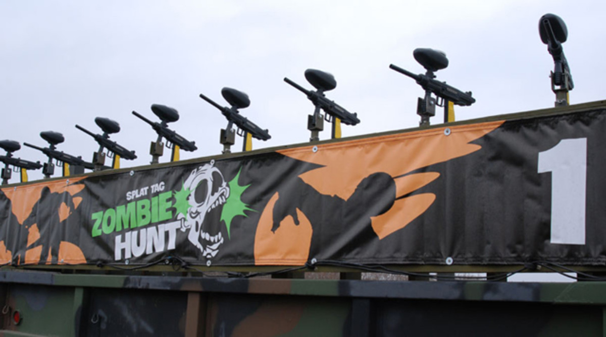 Each paintball gun has about a 90-degree arc of traverse and can be pointed down to defend against zombie boarders. All are connected to a single air tank that can be controlled with a single valve “switch.”