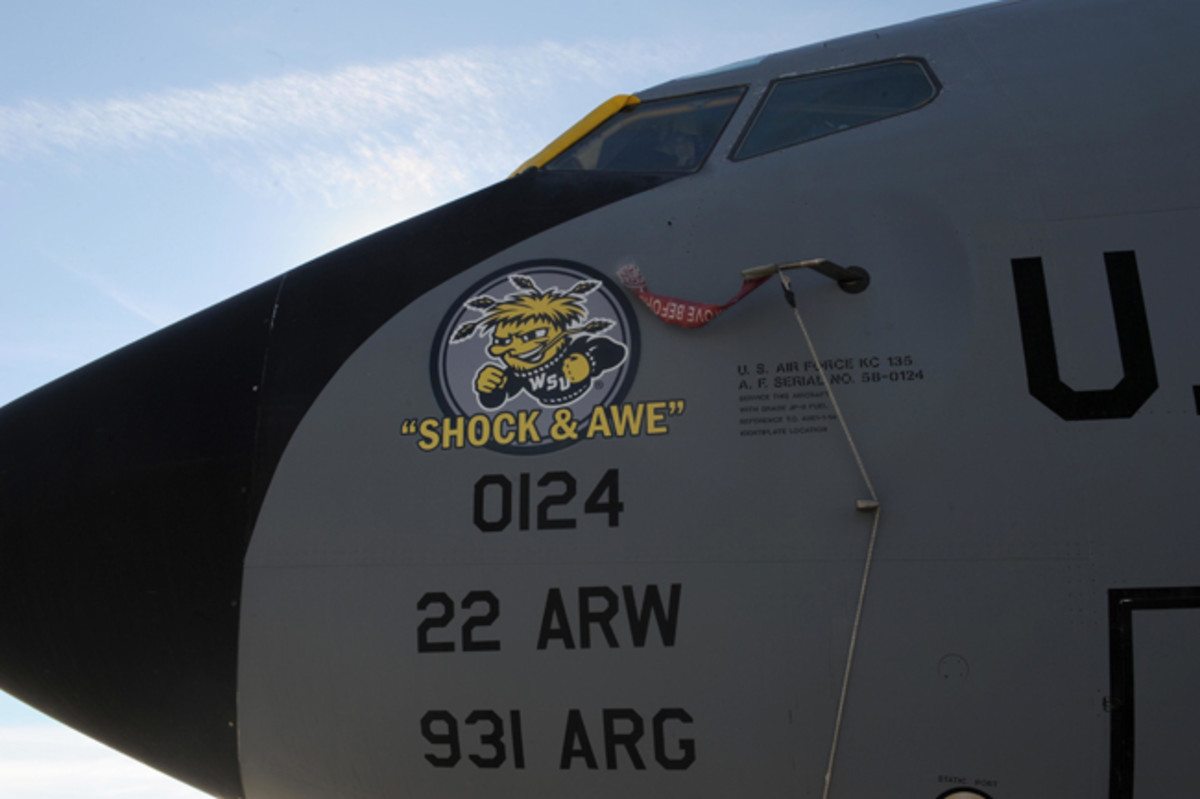 The “WuShock” is displayed on a KC-135R Stratotanker Jan. 12, 2015, at McConnell Air Force Base, Kan. The nose art was created to honor Wichita’s foremost educator, Wichita State University, for supporting Team McConnell through various education programs and community events.