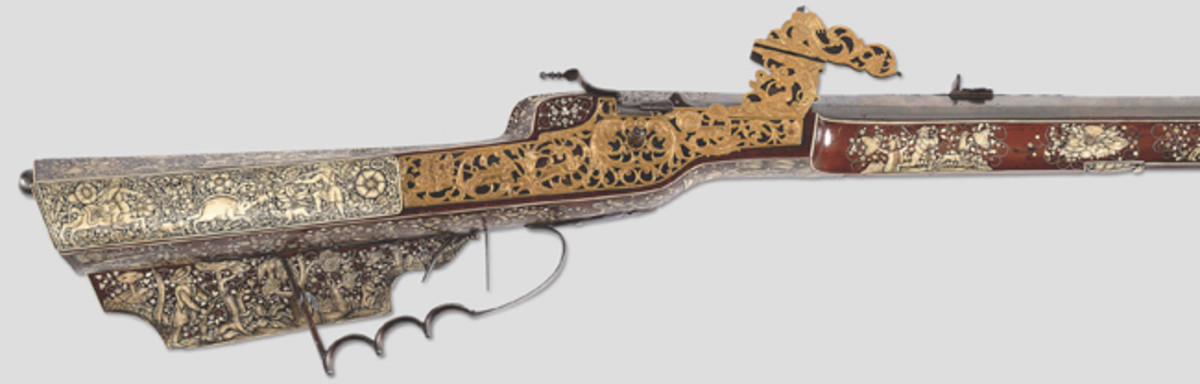 An offering of ancient high art arms include a magnificent Royal Wheelock by Samuel Kluge in Landshut made for either King Charles XI of Sweden or King Christian V of Denmark. This gun was formerly in the property of the Rothschild family and is a truly spectacular work of art with extraordinary ivory inlays, engraved and gold embellished lock, this gun is a superb work of art.