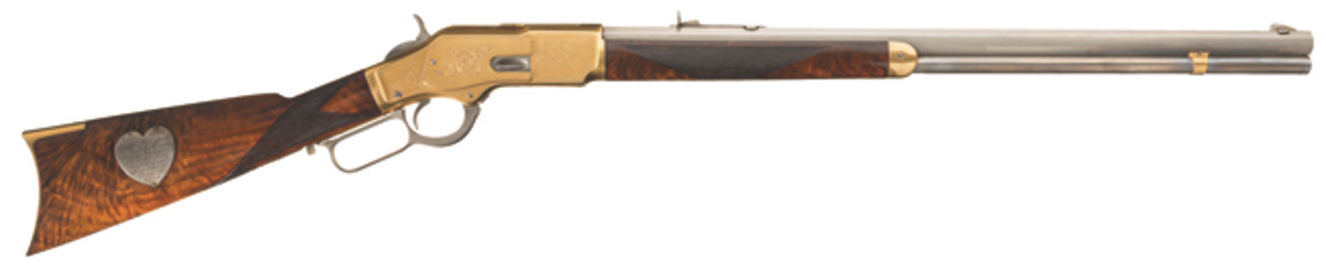 Well-Documented, Historic Factory Exhibition Engraved Winchester Deluxe Model 1873 Lever Action Rifle with Dual Presentation Plaques Presented by The Winchester Repeating Arms Company to Captain Jack Crawford and then Gifted to Fellow Western Scout and Poet James Barton Adams