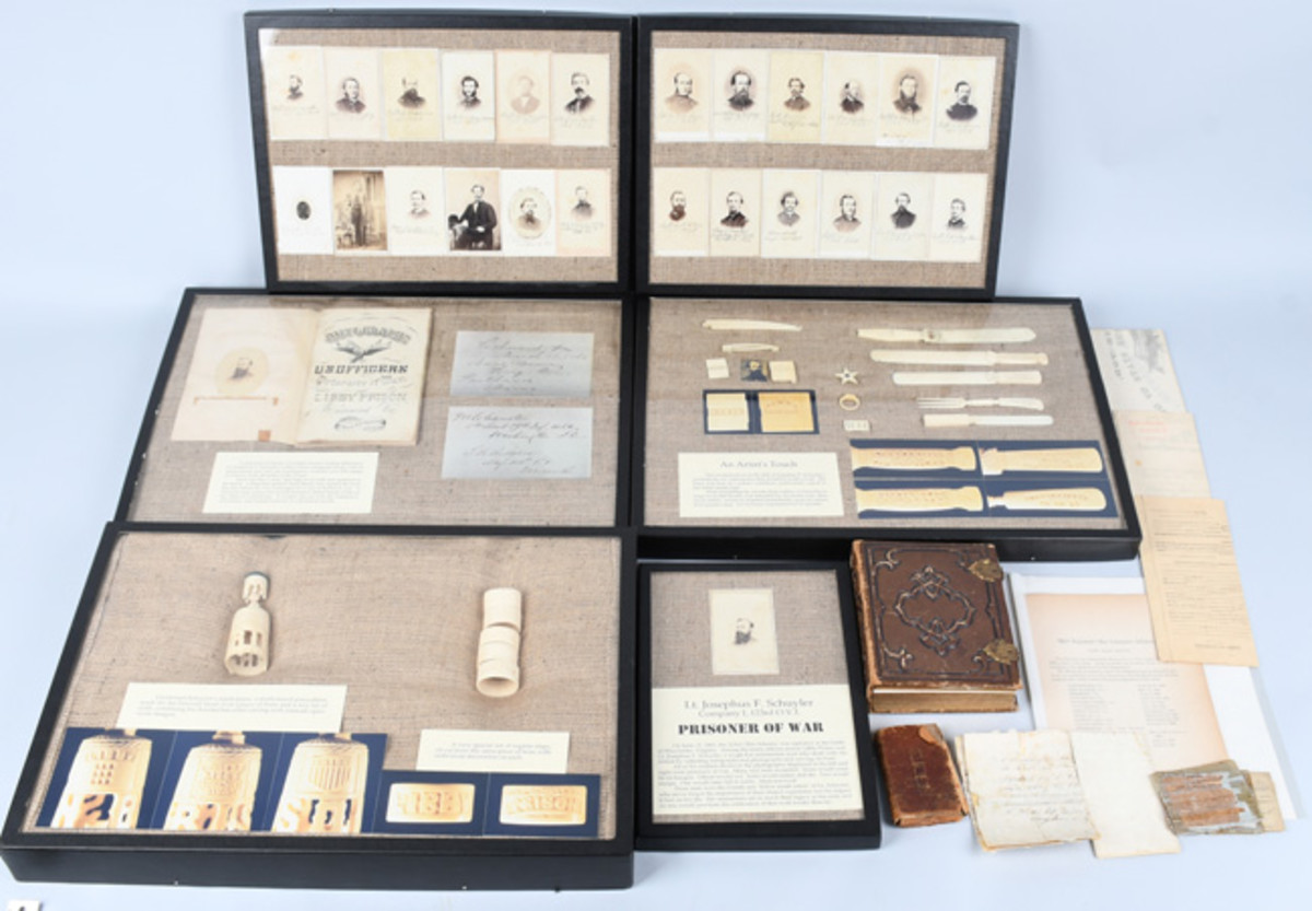  Civil War POW grouping from Lt. Josephus F Schuyler, 123rd Ohio Voluntary Infantry and POW at Libby Prison, Richmond, Va. Includes scores of CDVs, officers’ signatures, and carved-bone objects created while incarcerated. Estimate: $15,000-$20,000. Image - Milestone Auctions