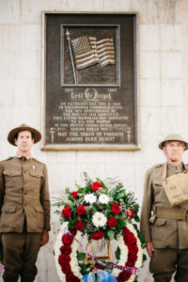  WWI re-enactors Damian Stellabott and Phillip Dye on guard at the rededicated WWI memorial plaque at the Coliseum in 2017. It was originally dedicated in 1968 to commemorate the 50th anniversary of the end of WWI.