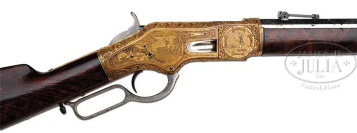 Incredible gold & nickel plated Exhib. Quality Winchester M1866 featuring semi-relief panel game scenes encased in scrollwork (Wes Adams Collection)