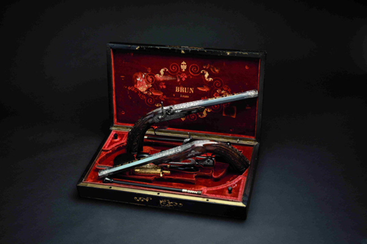 A pair of percussion pistols, Lebeda, Prague, circa 1850, cased. HP: 12500 Euros
