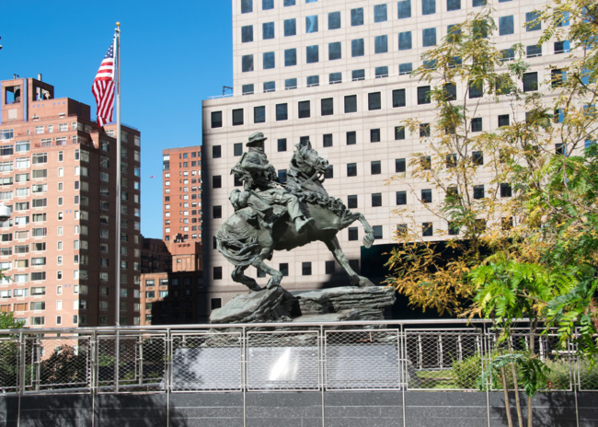 The America’s Response Monument, aka Horse Soldier statue, sits in its final resting place at Liberty Park, adjacent to the 9/11 Memorial in New York City. The statue serves as a reminder of the bond formed between U.S. Special Operations Forces and the New York City first responders. (U.S. Army photo by Cheryle Rivas, USASOC Public Affairs.)